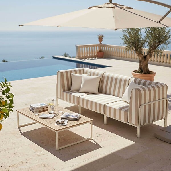 OVIALA - Salon de jardin bas modulable rayé 3 places beige - Patio - large