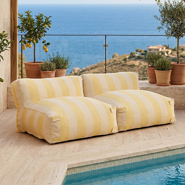 OVIALA - Salon de jardin modulable avec 2 chauffeuses rayées jaune clair  - Mixi - large