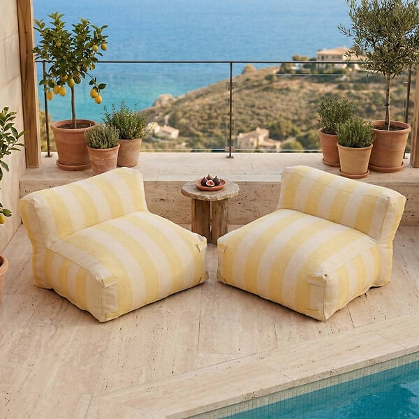OVIALA - Salon de jardin modulable avec 2 chauffeuses rayées jaune clair  - Mixi - large
