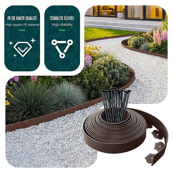 VOUNOT - Bordure de jardin plastique flexible 20m avec piquets Marron - large