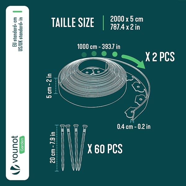 VOUNOT - Bordure de jardin plastique flexible 20m avec piquets vert - large