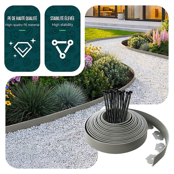 VOUNOT - Bordure de jardin plastique flexible 20m avec piquets gris - large