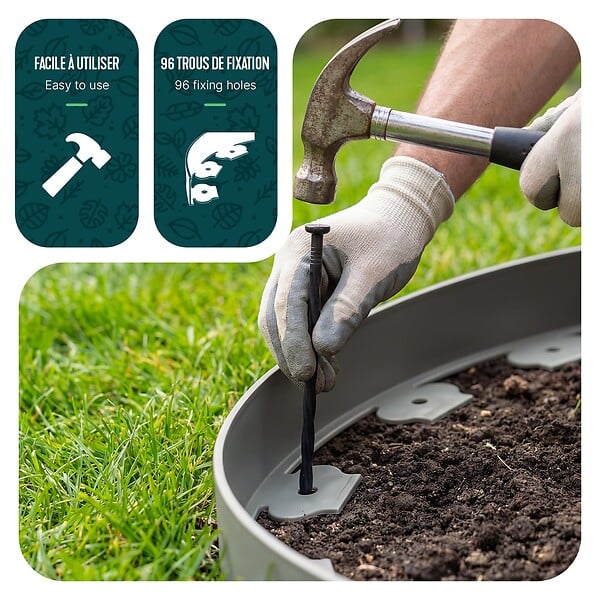 VOUNOT - Bordure de jardin plastique flexible 20m avec piquets gris - large