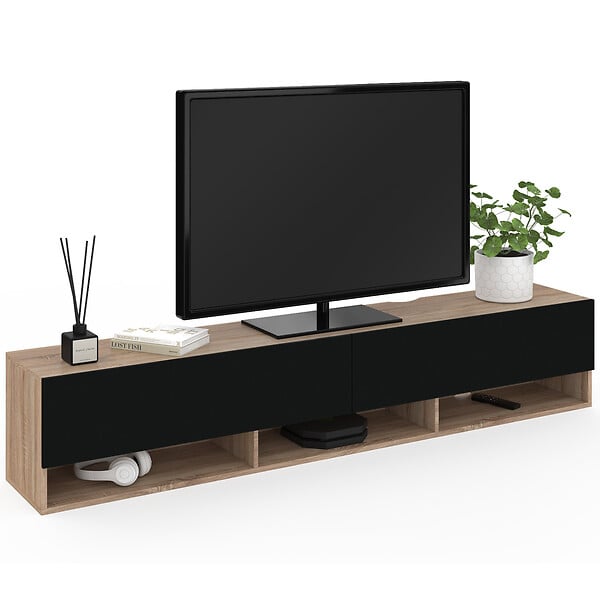 ID MARKET - Meuble TV 180 cm suspendu ELIO 2 portes avec étagère bois et noir - large
