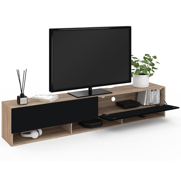ID MARKET - Meuble TV 180 cm suspendu ELIO 2 portes avec étagère bois et noir - large