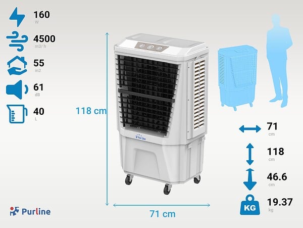 PURLINE - Rafraichisseur d'air par évaporation à débit élevé minuterie et 3 vitesses - large