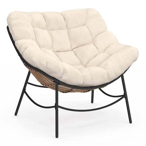 ID MARKET - Fauteuil de jardin relax LOA effet rotin avec coussin écru - large