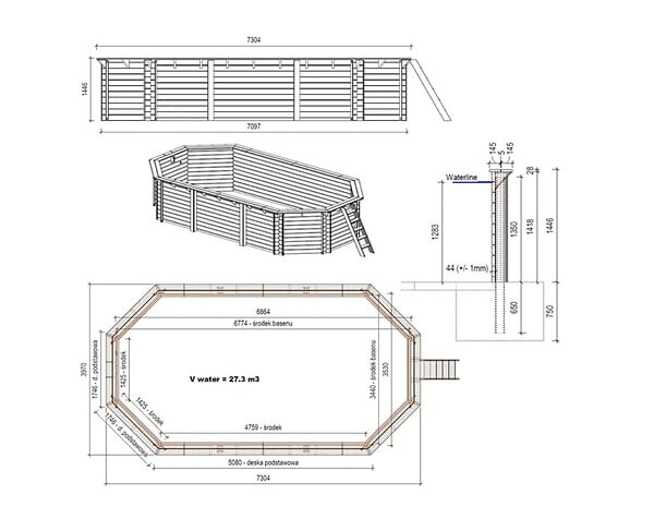 ALTANKA - Piscine hors sol en bois NEMO 7.3 x 3.97 - H.1.45 m, gris clair, fixations à visser - BAS7305OSPL2 - large