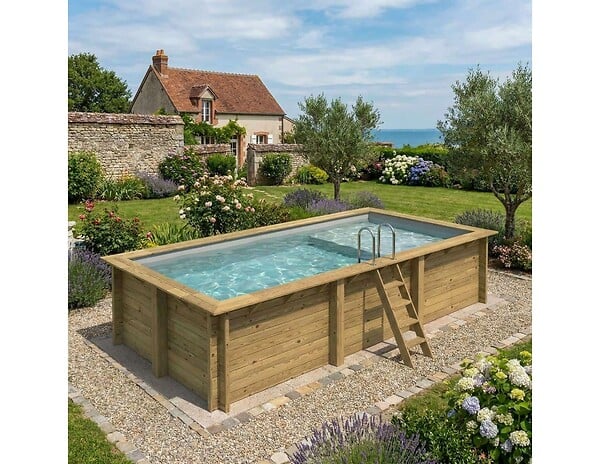 ALTANKA - Piscine hors sol en bois AQUA 6.1 x 2.85 - H.1.31 m avec plage, gris clair, cadre en métal - sans dalle - BAS7307OSPU2+PLA307 - large