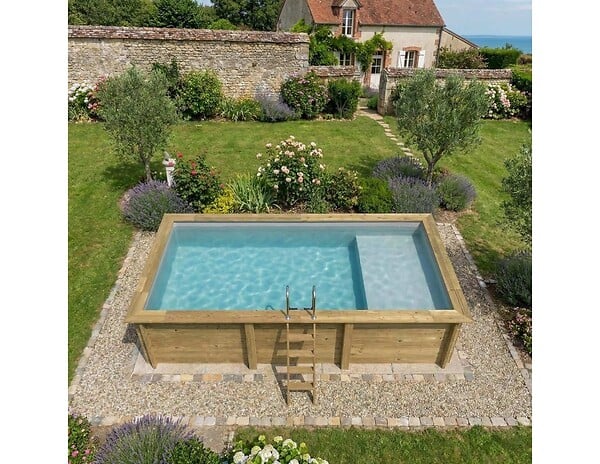ALTANKA - Piscine hors sol en bois AQUA 6.1 x 2.85 - H.1.31 m avec plage, gris clair, cadre en métal - sans dalle - BAS7307OSPU2+PLA307 - large