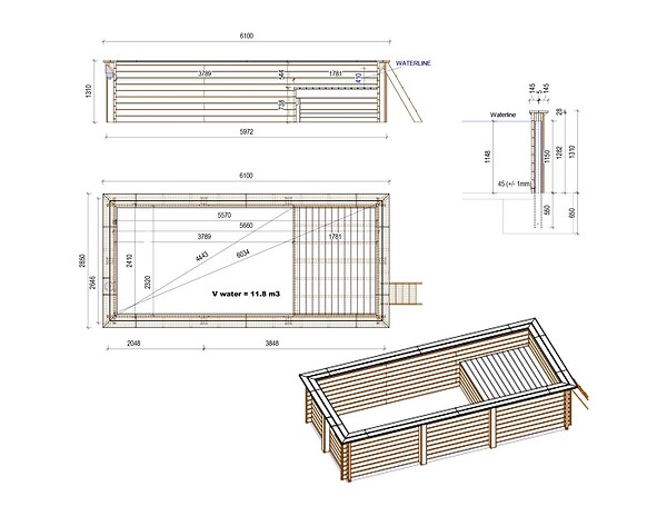 ALTANKA - Piscine hors sol en bois AQUA 6.1 x 2.85 - H.1.31 m avec plage, gris clair, cadre en métal - sans dalle - BAS7307OSPU2+PLA307 - large