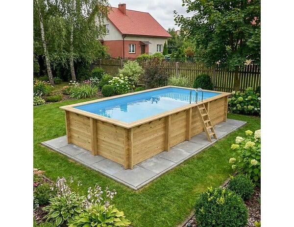 ALTANKA - Piscine hors sol en bois AQUA 7 x 3.75 - H.1.45 m avec plage, bleu pâle, fixations à visser - BAS7308OSPL+PLA308 - large