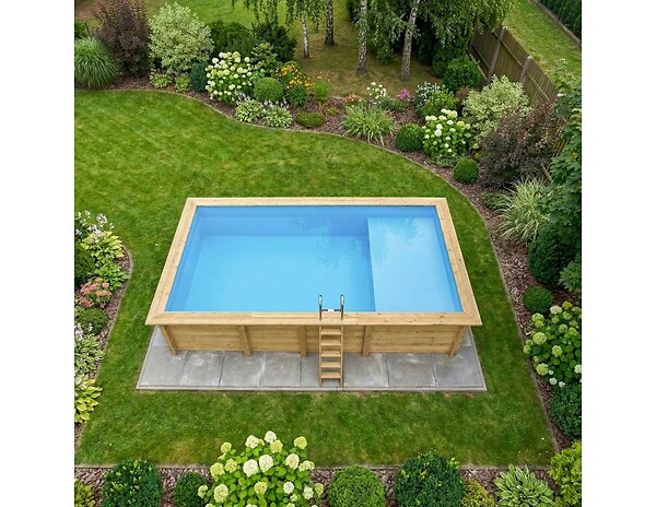 ALTANKA - Piscine hors sol en bois AQUA 7 x 3.75 - H.1.45 m avec plage, bleu pâle, fixations à visser - BAS7308OSPL+PLA308 - large