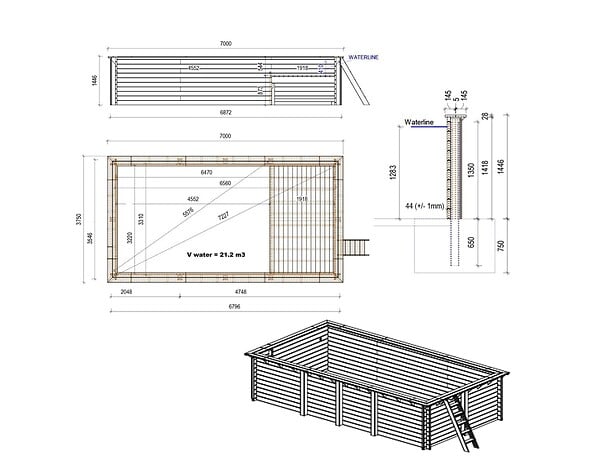 ALTANKA - Piscine hors sol en bois AQUA 7 x 3.75 - H.1.45 m avec plage, sable, fixations à sceller - BAS7308OSPI3+PLA308 - large