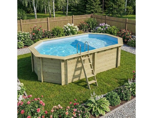 ALTANKA - Piscine hors sol en bois NEMO 5.79 x 3.49 - H.1.45 m avec plage, bleu pâle, fixations à sceller - BAS7304OSPI+PLA304 - large