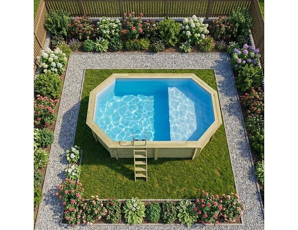 ALTANKA - Piscine hors sol en bois NEMO 5.79 x 3.49 - H.1.45 m avec plage, bleu pâle, fixations à sceller - BAS7304OSPI+PLA304 - large