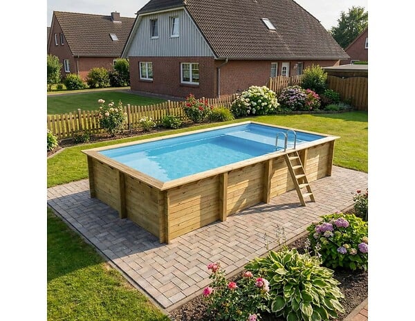 ALTANKA - Piscine hors sol en bois AQUA 8.5 x 4.35 - H.1.45 m avec plage, bleu pâle, fixations à visser - BAS7309OSPL+PLA309 - large
