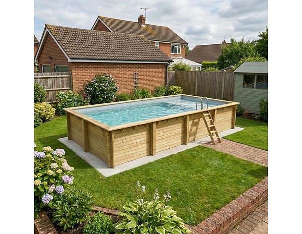 ALTANKA - Piscine hors sol en bois AQUA 8.5 x 4.35 - H.1.45 m avec plage, gris clair, fixations à visser - BAS7309OSPL2+PLA309 - large