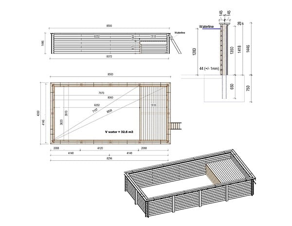 ALTANKA - Piscine hors sol en bois AQUA 8.5 x 4.35 - H.1.45 m avec plage, gris clair, cadre en métal - sans dalle - BAS7309OSPU2+PLA309 - large