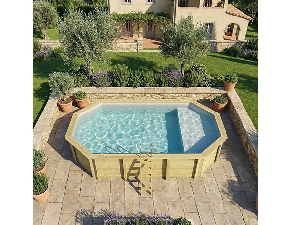 ALTANKA - Piscine hors sol en bois NEMO 7.3 x 3.97 - H.1.45 m avec plage, gris clair, fixations à sceller - BAS7305OSPI2+PLA305 - large