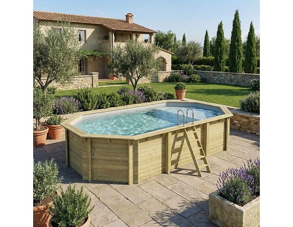 ALTANKA - Piscine hors sol en bois NEMO 7.3 x 3.97 - H.1.45 m avec plage, gris clair, fixations à sceller - BAS7305OSPI2+PLA305 - large