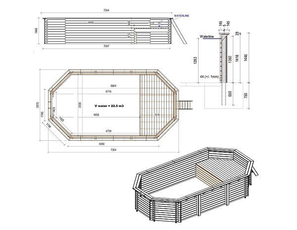 ALTANKA - Piscine hors sol en bois NEMO 7.3 x 3.97 - H.1.45 m avec plage, gris clair, fixations à sceller - BAS7305OSPI2+PLA305 - large