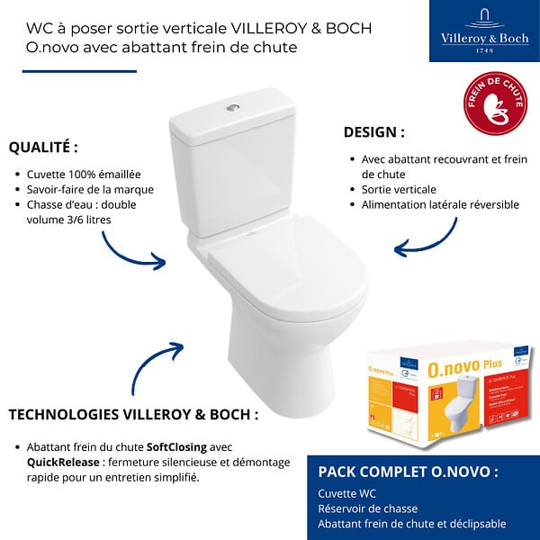 VILLEROY ET BOCH - Combi Pack O.NOVO PLUS en céramique - Sortie Verticale - Blanc - Avec abattant Soft Close blanc - large
