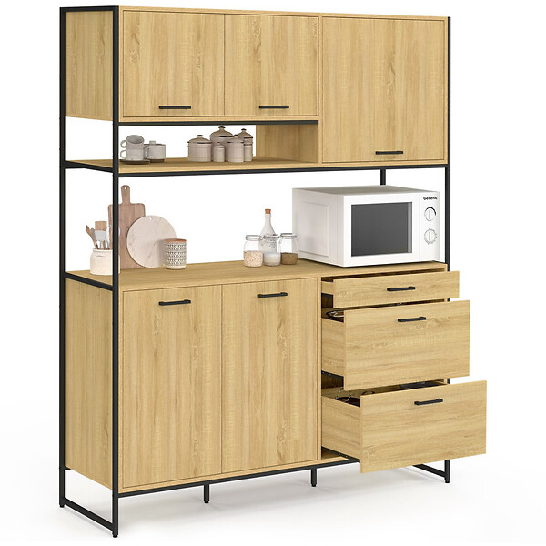 ID MARKET - Buffet casserolier de cuisine 140 cm DETROIT 5 portes + 3 tiroirs design industriel - large