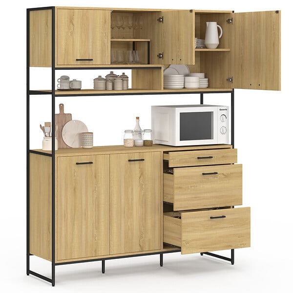 ID MARKET - Buffet casserolier de cuisine 140 cm DETROIT 5 portes + 3 tiroirs design industriel - large
