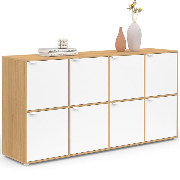 ID MARKET - Buffet casier 139 cm CASSIE 8 portes blanc et bois - large