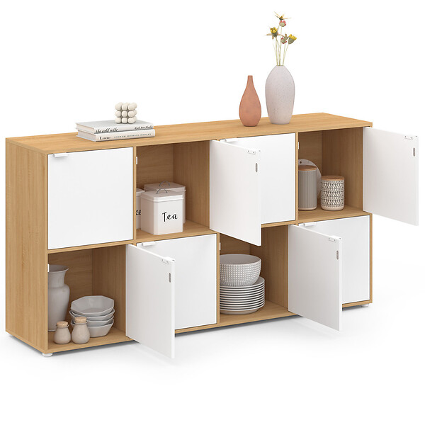 ID MARKET - Buffet casier 139 cm CASSIE 8 portes blanc et bois - large