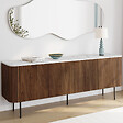 ID MARKET - Buffet bas 160 cm MARLA 4 portes effet noyer et lattes et plateau marbre blanc ALASKA - vignette