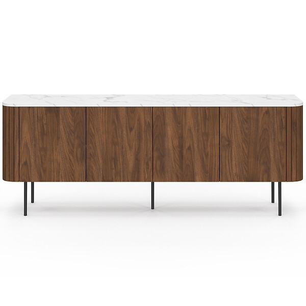 ID MARKET - Buffet bas 160 cm MARLA 4 portes effet noyer et lattes et plateau marbre blanc ALASKA - large