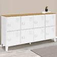 ID MARKET - Buffet casier 139 cm ESTER 8 portes en métal blanc plateau bois design industriel - vignette