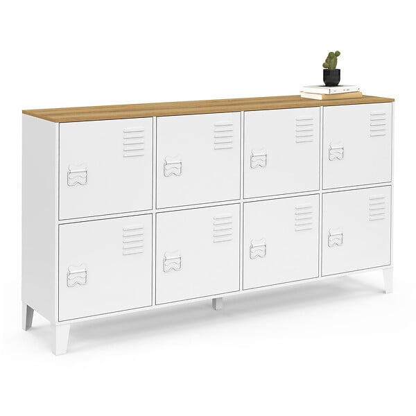 ID MARKET - Buffet casier 139 cm ESTER 8 portes en métal blanc plateau bois design industriel - large