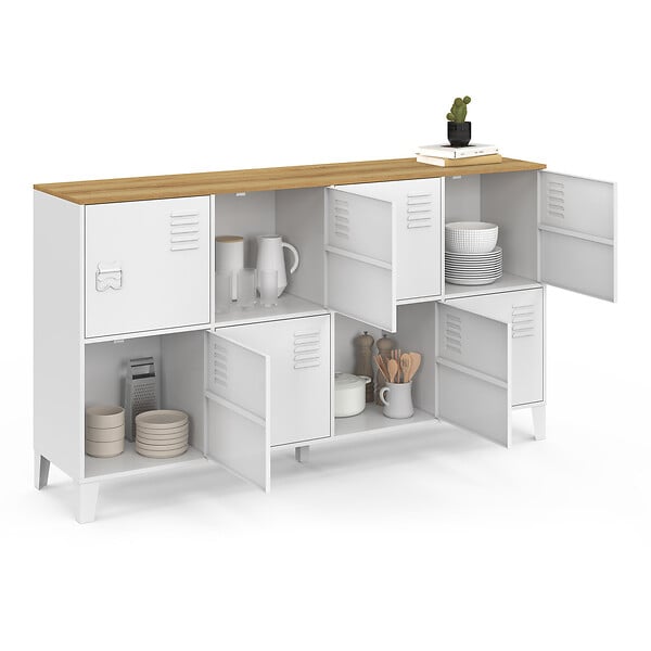 ID MARKET - Buffet casier 139 cm ESTER 8 portes en métal blanc plateau bois design industriel - large