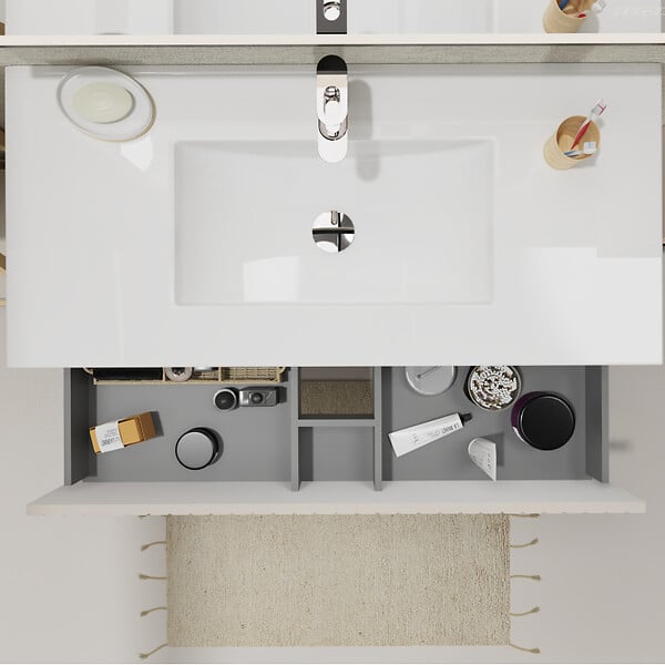 GODART - Meuble salle de bain strié 100 cm - Plan vasque céramique - Beige cachemire mat - A suspendre - Karaib 2 - large