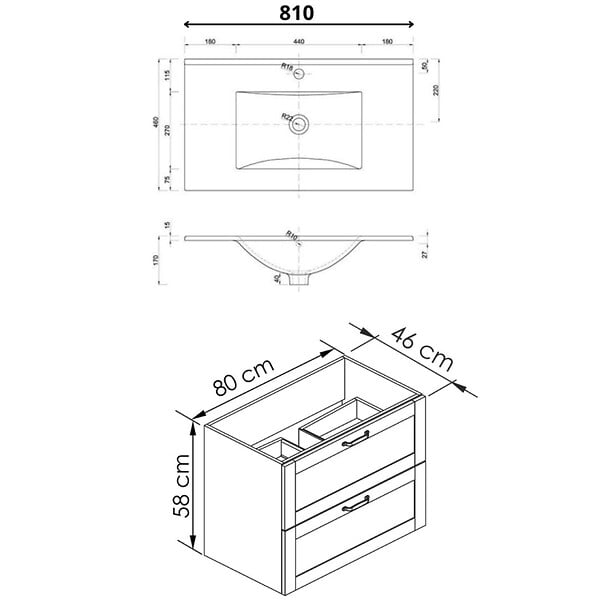 ALLIBERT - Meuble salle de bain 80 cm - Plan vasque céramique - Effet chêne hamilton - A suspendre - Cambridge - large