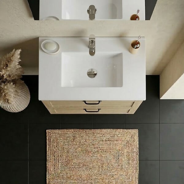 ALLIBERT - Meuble salle de bain 80 cm - Plan vasque céramique - Effet chêne hamilton - A suspendre - Cambridge - large