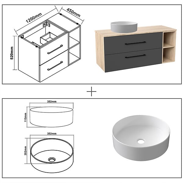 AICA SANITAIRE - AICA Ensemble meuble de Salle de Bain Suspendu 120cm avec vasque à poser + Colonne + Armoire salle de bain avec miroir - large