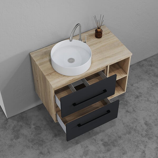 AICA SANITAIRE - AICA Ensemble meuble de Salle de Bain Suspendu 80cm avec lavabo à poser + 2*Colonne + Armoire salle de bain avec miroir - large