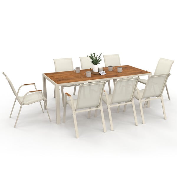 ID MARKET - Salon de jardin NOUMEA table 190 cm plateau verre trempé effet bois et 8 chaises empilables beige et bois - large