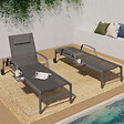 ID MARKET - Lot de 2 transats de jardin inclinables JAVA avec tablettes en acier gris et toile grise - vignette