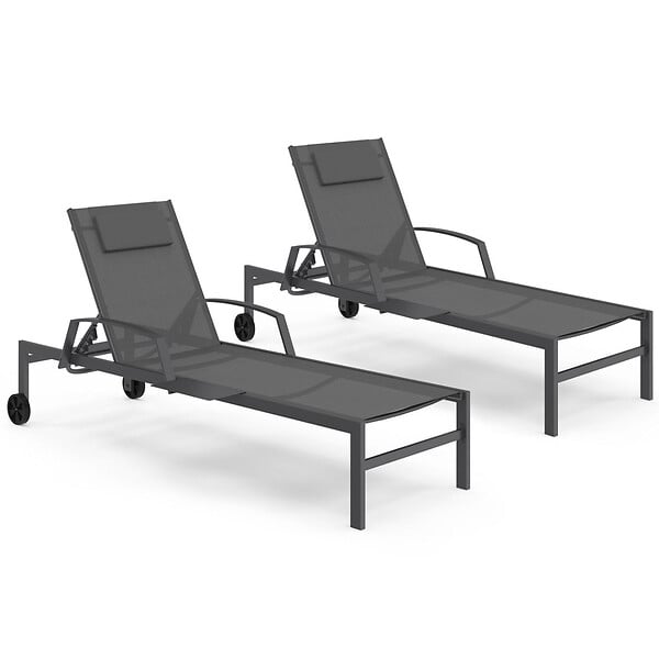 ID MARKET - Lot de 2 transats de jardin inclinables JAVA avec tablettes en acier gris et toile grise - large