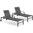 ID MARKET - Lot de 2 transats de jardin inclinables JAVA avec tablettes en acier gris et toile grise - vignette