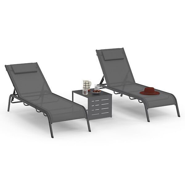 ID MARKET - Lot de 2 transats de jardin inclinables BORA avec table d'appoint modulable en acier gris anthracite et toile grise - large