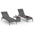 ID MARKET - Lot de 2 transats de jardin inclinables BORA avec table d'appoint modulable en acier gris anthracite et toile grise - vignette