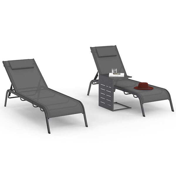 ID MARKET - Lot de 2 transats de jardin inclinables BORA avec table d'appoint modulable en acier gris anthracite et toile grise - large