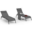 ID MARKET - Lot de 2 transats de jardin inclinables BORA avec table d'appoint modulable en acier gris anthracite et toile grise - vignette