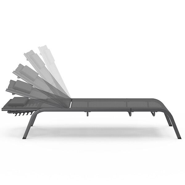 ID MARKET - Lot de 2 transats de jardin inclinables BORA avec table d'appoint modulable en acier gris anthracite et toile grise - large